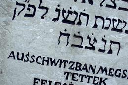 Ungarische Inschrift an einem jüdischen Grabstein ("...in Auschwitz ausgelöscht")