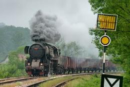 Extra für die Fotografen zieht die 33-503 einen Leerwagenzug an einem Hauptstrecke-Formsignal vorbei in die Kohlemine Šikulje (6.5.2013)