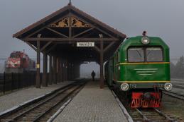 Abfahrbereiter Zug am historischen Schmalspur-Bahnsteig in Panevėžys, Litauen