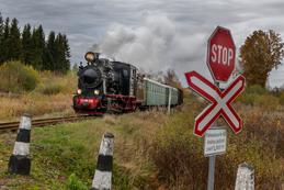 Schmalspurstrecke Gulbene-Aluksne: Dampfsonderzug an einem einsamen Bahnübergang